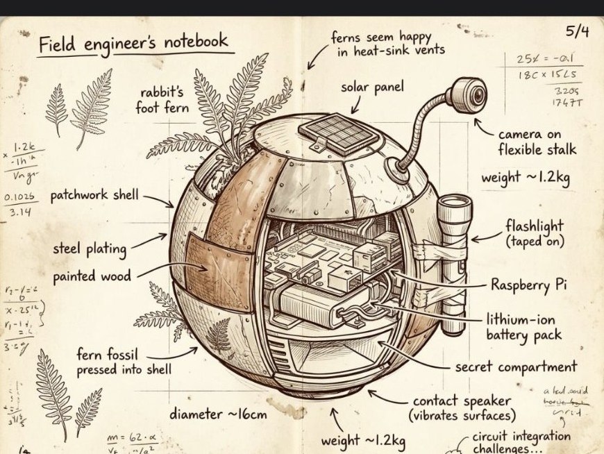 A field engineer's notebook sketch of Pod's shell: a round patchwork sphere — steel plating, painted wood — with rabbit's foot ferns growing from the heat-sink vents, a camera on a flexible stalk, and the Raspberry Pi and battery drawn inside.
