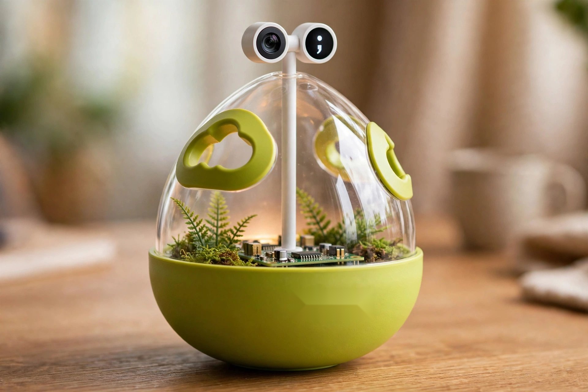Design visualization of Pod's v3 shell: a green terrarium dome on a rounded base, circuit board and living ferns visible inside, a camera eye and a small winking display on a stalk above.